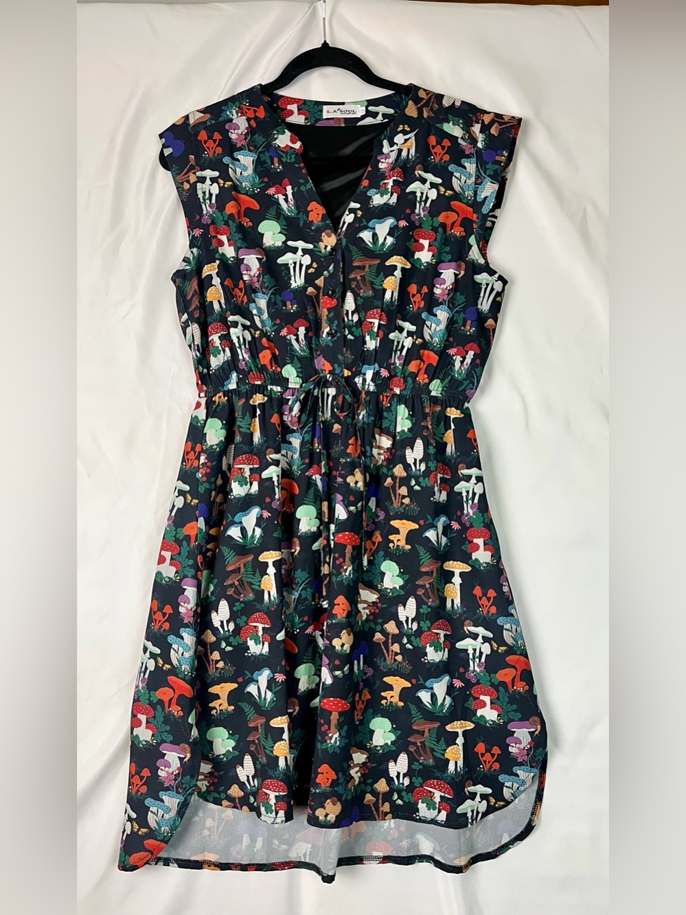 Whimsigoth Witchy Fairy Cottagecore Mushroom Print Lined Dress with Pockets Sz M - Picture 2 of 15